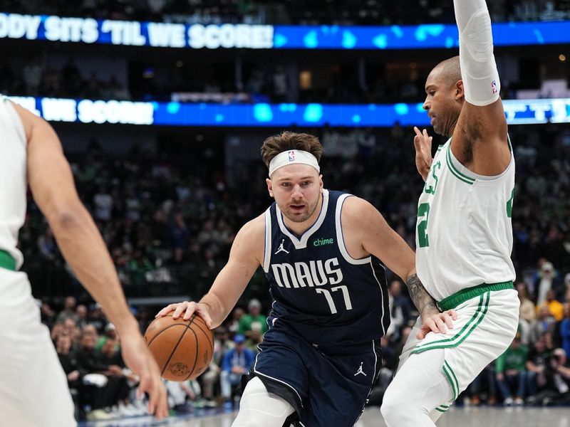 DALLAS, TX - JANUARY 22: Luka Doncic #77 of the Dallas Mavericks drives to the basket during the game against the Boston Celtics on January 22, 2024 at the American Airlines Center in Dallas, Texas. NOTE TO USER: User expressly acknowledges and agrees that, by downloading and or using this photograph, User is consenting to the terms and conditions of the Getty Images License Agreement. Mandatory Copyright Notice: Copyright 2024 NBAE (Photo by Glenn James/NBAE via Getty Images)