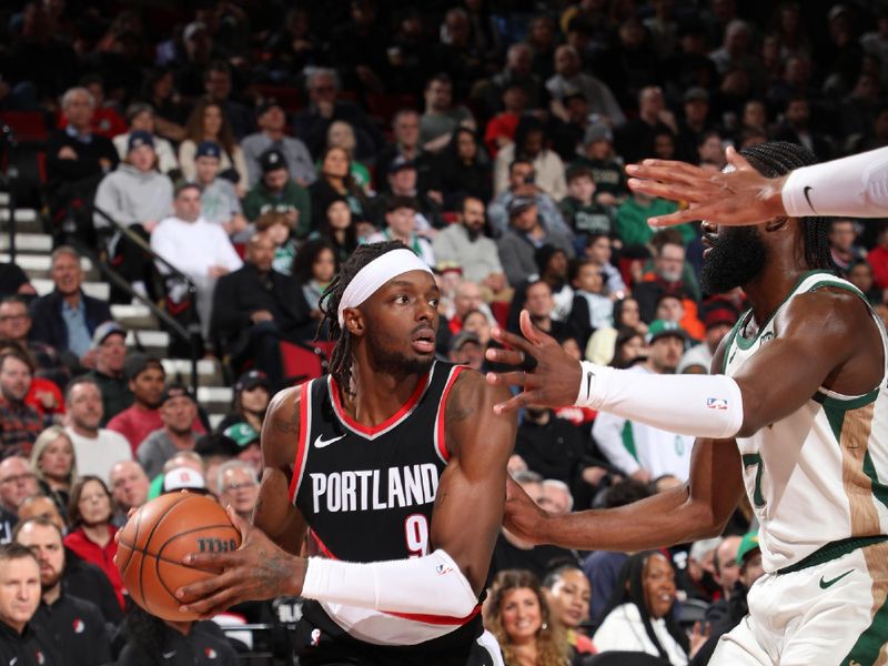 PORTLAND, OR - MARCH 11:  Jerami Grant #9 of the Portland Trail Blazers handles the ball during the game against the Boston Celtics on March 11, 2024 at the Moda Center Arena in Portland, Oregon. NOTE TO USER: User expressly acknowledges and agrees that, by downloading and or using this photograph, user is consenting to the terms and conditions of the Getty Images License Agreement. Mandatory Copyright Notice: Copyright 2024 NBAE (Photo by Cameron Browne/NBAE via Getty Images)