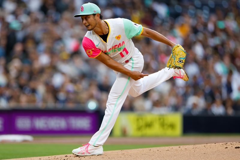 May 24, 2024; San Diego, California, USA; San Diego Padres starting pitcher Yu Darvish (11) throws a pitch in the first inning against the New York Yankees at Petco Park. Mandatory Credit: David Frerker-USA TODAY Sports