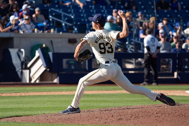 Mar 2, 2024; Phoenix, Arizona, USA; Milwaukee Brewers pitcher Jacob Misiorowski (93) on the mound in the eighth during a spring training game against the Los Angeles Dodgers at American Family Fields of Phoenix. Mandatory Credit: Allan Henry-USA TODAY Sports