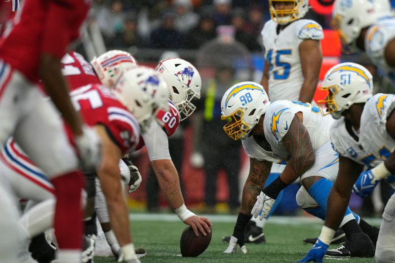 New England Patriots face the Los Angeles Chargers during the first half of an NFL football game, Sunday, Dec. 3, 2023, in Foxborough, Mass. (AP Photo/Steven Senne)