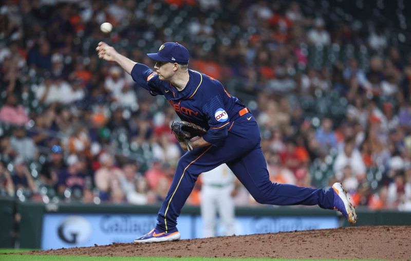 Sep 11, 2023; Houston, Texas, USA; Houston Astros relief pitcher Phil Maton (88) delivers a pitch during the eighth inning against the Oakland Athletics at Minute Maid Park. Mandatory Credit: Troy Taormina-USA TODAY Sports