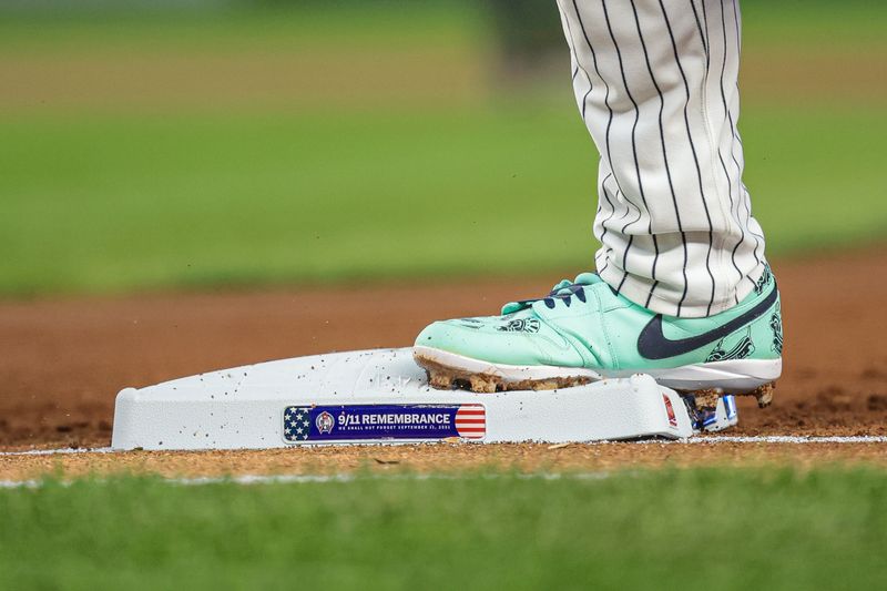 Sep 11, 2024; Bronx, New York, USA; New York Yankees first baseman Anthony Rizzo (48) steps on first base for an force out during the first inning against the Kansas City Royals at Yankee Stadium. Mandatory Credit: Vincent Carchietta-Imagn Images