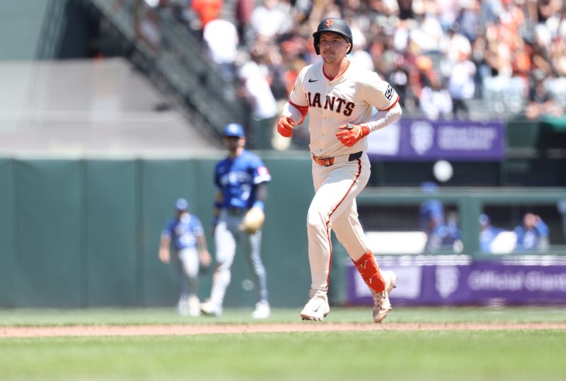 May 21, 2025; San Francisco, California, USA; San Francisco Giants catcher Patrick Bailey (14) rounds the bases after hitting a home run to center field against the Kansas City Royals during the fourth inning at Oracle Park. Mandatory Credit: Kelley L Cox-Imagn Images