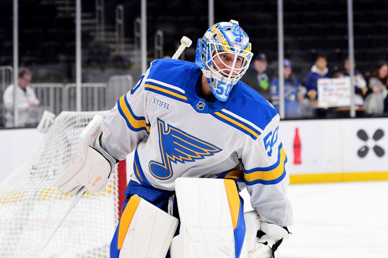 Dec 4, 2025; Boston, Massachusetts, USA; St. Louis Blues goaltender Jordan Binnington (50) during warmups prior to a game against the Boston Bruins at TD Garden. Mandatory Credit: Bob DeChiara-Imagn Images