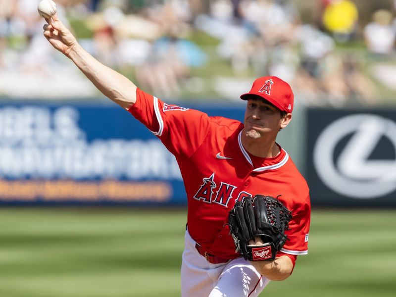 Mar 16, 2025; Tempe, Arizona, USA; Los Angeles Angels pitcher Kyle Hendricks against the San Diego Padres during a spring training game at Tempe Diablo Stadium. Mandatory Credit: Mark J. Rebilas-Imagn Images