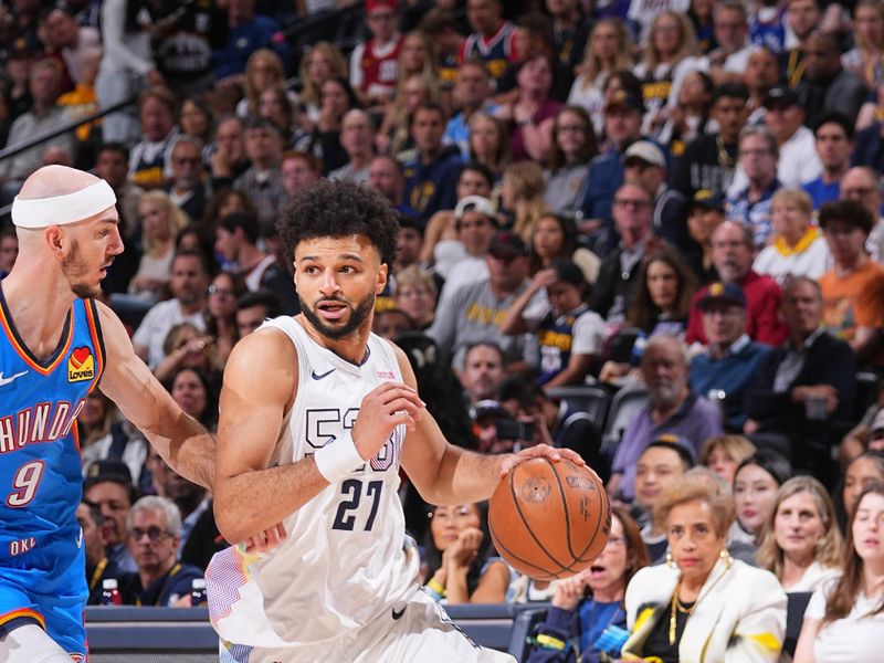 DENVER, CO - MAY 15: Jamal Murray #27 of the Denver Nuggets handles the ball during the game against the Oklahoma City Thunder during Round 2 Game 6 on May 15, 2025 at Ball Arena in Denver, Colorado. NOTE TO USER: User expressly acknowledges and agrees that, by downloading and/or using this Photograph, user is consenting to the terms and conditions of the Getty Images License Agreement. Mandatory Copyright Notice: Copyright 2025 NBAE (Photo by Bart Young/NBAE via Getty Images)