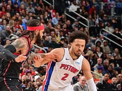 DETROIT, MI - DECEMBER 30: Cade Cunningham #2 of the Detroit Pistons dribbles the ball during the game against the Toronto Raptors on December 30, 2023 at Little Caesars Arena in Detroit, Michigan. NOTE TO USER: User expressly acknowledges and agrees that, by downloading and/or using this photograph, User is consenting to the terms and conditions of the Getty Images License Agreement. Mandatory Copyright Notice: Copyright 2023 NBAE (Photo by Chris Schwegler/NBAE via Getty Images)