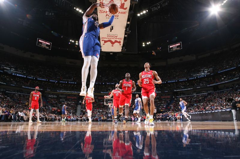 NEW ORLEANS, LA - DECEMBER 30: Joel Embiid #21 of the Philadelphia 76ers dunks the ball during the game against the New Orleans Pelicans on December 30, 2022 at the Smoothie King Center in New Orleans, Louisiana. NOTE TO USER: User expressly acknowledges and agrees that, by downloading and or using this Photograph, user is consenting to the terms and conditions of the Getty Images License Agreement. Mandatory Copyright Notice: Copyright 2022 NBAE (Photo by Layne Murdoch Jr./NBAE via Getty Images)