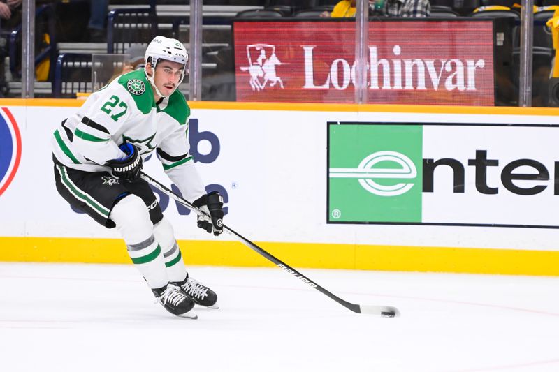 Oct 10, 2024; Nashville, Tennessee, USA;  Dallas Stars left wing Mason Marchment (27) skates against the Nashville Predators during the second period at Bridgestone Arena. Mandatory Credit: Steve Roberts-Imagn Images