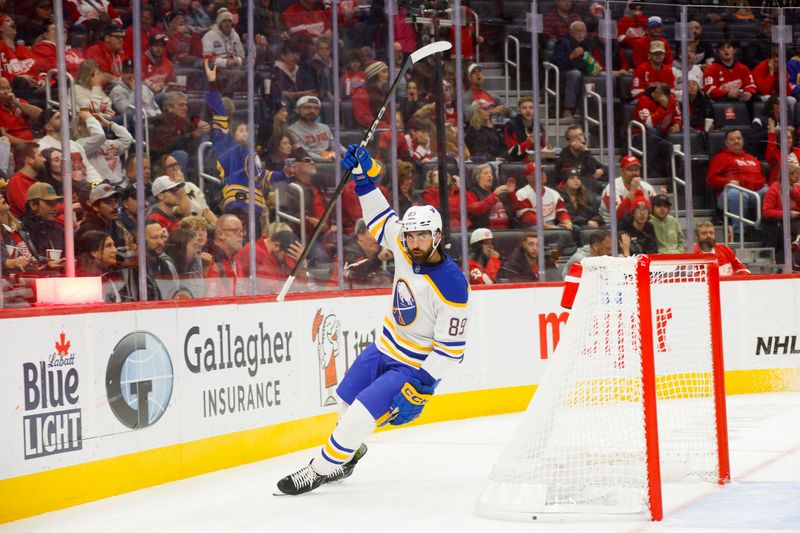 Nov 2, 2024; Detroit, Michigan, USA; Buffalo Sabres right wing Alex Tuch (89) celebrates a goal in the first period of the game against the Detroit Red Wings at Little Caesars Arena. Mandatory Credit: Brian Bradshaw Sevald-Imagn Images