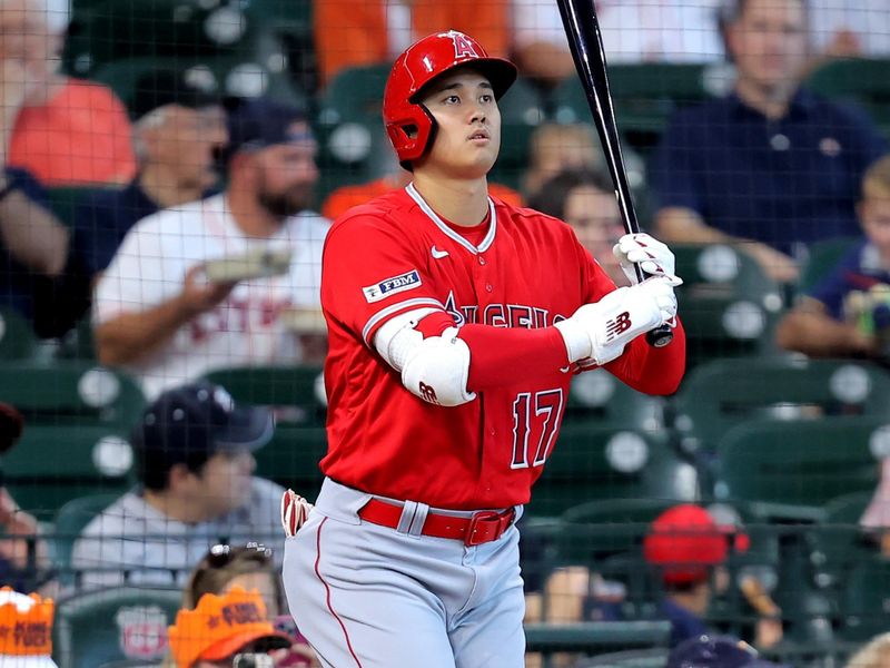 Aug 13, 2023; Houston, Texas, USA; Los Angeles Angels designated hitter Shohei Ohtani (17) in the on-deck circle against the Houston Astros during the first inning at Minute Maid Park. Mandatory Credit: Erik Williams-USA TODAY Sports