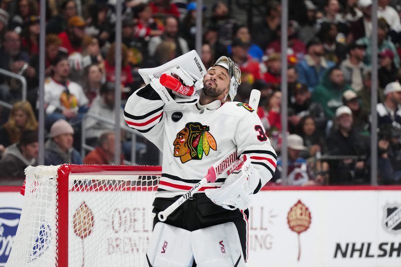 Mar 4, 2024; Denver, Colorado, USA; Chicago Blackhawks goaltender Petr Mrazek (34) during the second period against the Colorado Avalanche at Ball Arena. Mandatory Credit: Ron Chenoy-USA TODAY Sports