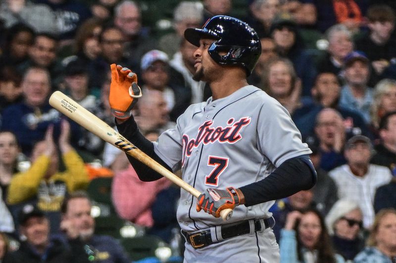 Apr 26, 2023; Milwaukee, Wisconsin, USA; Detroit Tigers second baseman Jonathan Schoop (7) reacts after striking out in the third inning during game against the Milwaukee Brewers at American Family Field. Mandatory Credit: Benny Sieu-USA TODAY Sports