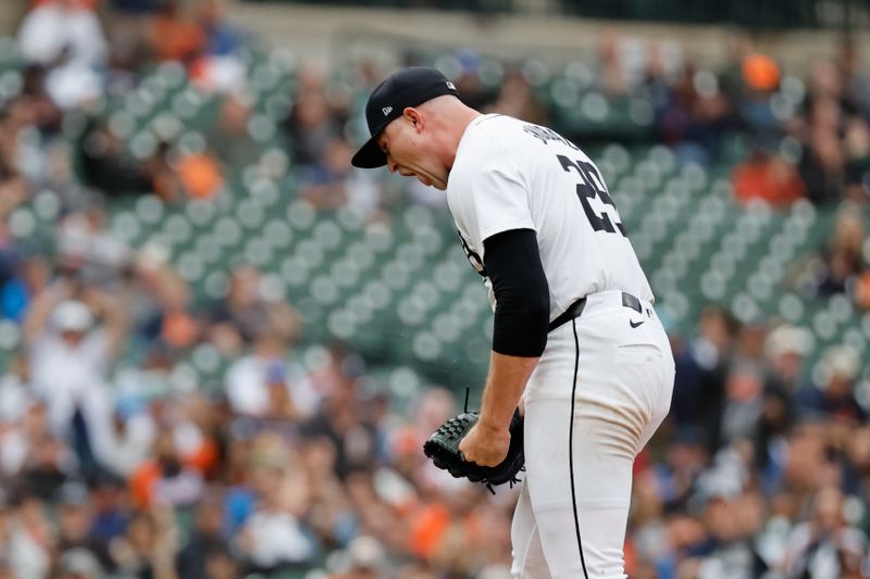 Sep 24, 2024; Detroit, Michigan, USA;  Detroit Tigers starting pitcher Tarik Skubal (29) reacts in the seventh inning against the Tampa Bay Rays at Comerica Park. Mandatory Credit: Rick Osentoski-Imagn Images