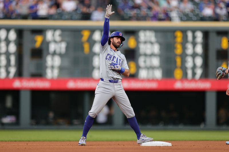 Sep 13, 2024; Denver, Colorado, USA; Chicago Cubs shortstop Dansby Swanson (7) reacts from second on a double in the first inning against the Colorado Rockies at Coors Field. Mandatory Credit: Isaiah J. Downing-Imagn Images