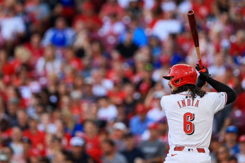 Jun 6, 2024; Cincinnati, Ohio, USA; Cincinnati Reds second baseman Jonathan India (6) at bat in the second inning against the Chicago Cubs at Great American Ball Park. Mandatory Credit: Katie Stratman-USA TODAY Sports