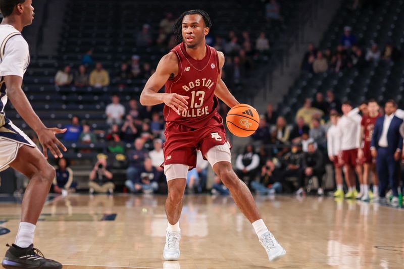 Jan 3, 2026; Atlanta, Georgia, USA; Boston College Eagles guard Donald Hand Jr. (13) dribbles against the Georgia Tech Yellow Jackets in the first half at McCamish Pavilion. Mandatory Credit: Brett Davis-Imagn Images
