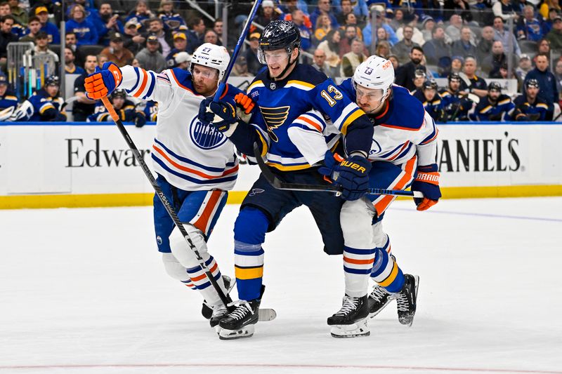 Feb 15, 2024; St. Louis, Missouri, USA;  St. Louis Blues right wing Alexey Toropchenko (13) skates against Edmonton Oilers defenseman Brett Kulak (27) and defenseman Vincent Desharnais (73) during the second period at Enterprise Center. Mandatory Credit: Jeff Curry-USA TODAY Sports