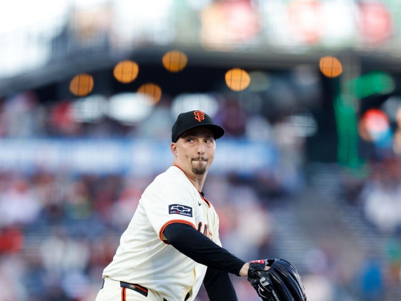 Aug 12, 2024; San Francisco, California, USA; San Francisco Giants pitcher Blake Snell (7) throws a pitch during the first inning against the Atlanta Braves at Oracle Park. Mandatory Credit: Sergio Estrada-USA TODAY Sports