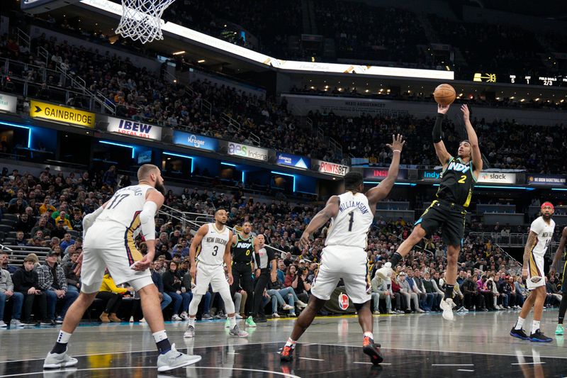 INDIANAPOLIS, IN - FEBRUARY 28: Andrew Nembhard #2 of the Indiana Pacers shoots the ball during the game against the New Orleans Pelicans on February 28, 2024 at Gainbridge Fieldhouse in Indianapolis, Indiana. NOTE TO USER: User expressly acknowledges and agrees that, by downloading and or using this Photograph, user is consenting to the terms and conditions of the Getty Images License Agreement. Mandatory Copyright Notice: Copyright 2024 NBAE (Photo by Jeff Dean/NBAE via Getty Images)