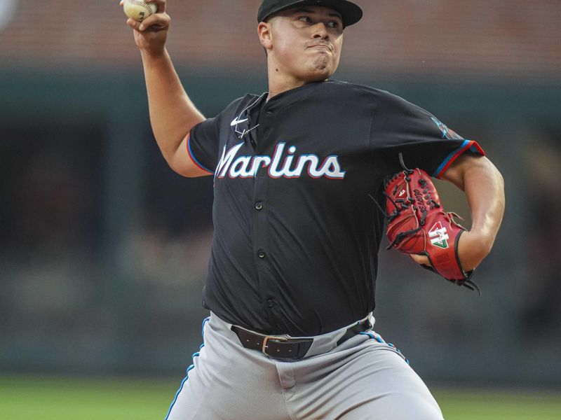 Aug 2, 2024; Cumberland, Georgia, USA; Miami Marlins starting pitcher Valente Bellozo (83) pitches against the Atlanta Braves during the second inning at Truist Park. Mandatory Credit: Dale Zanine-USA TODAY Sports