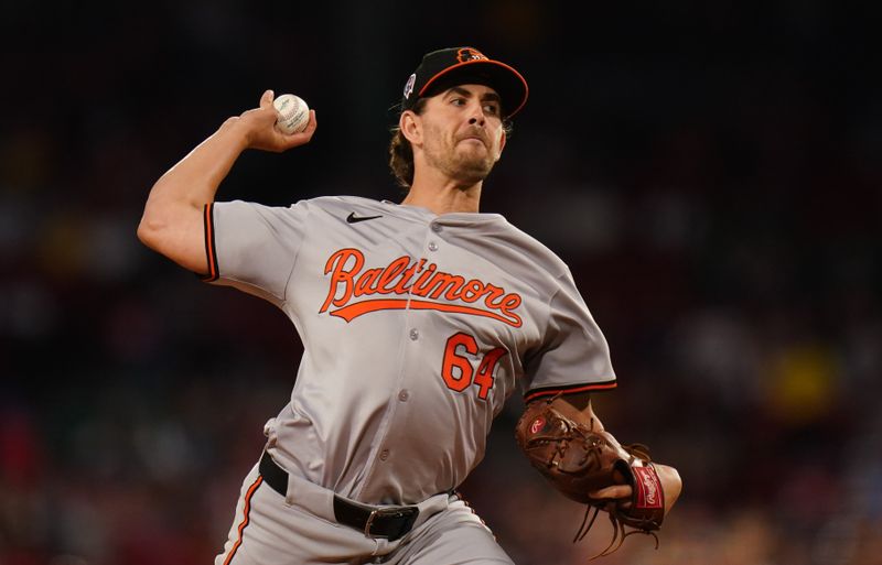 Sep 11, 2024; Boston, Massachusetts, USA; Baltimore Orioles starting pitcher Dean Kremer (64) throws a pitch against the Boston Red Sox in the first inning at Fenway Park. Mandatory Credit: David Butler II-Imagn Images