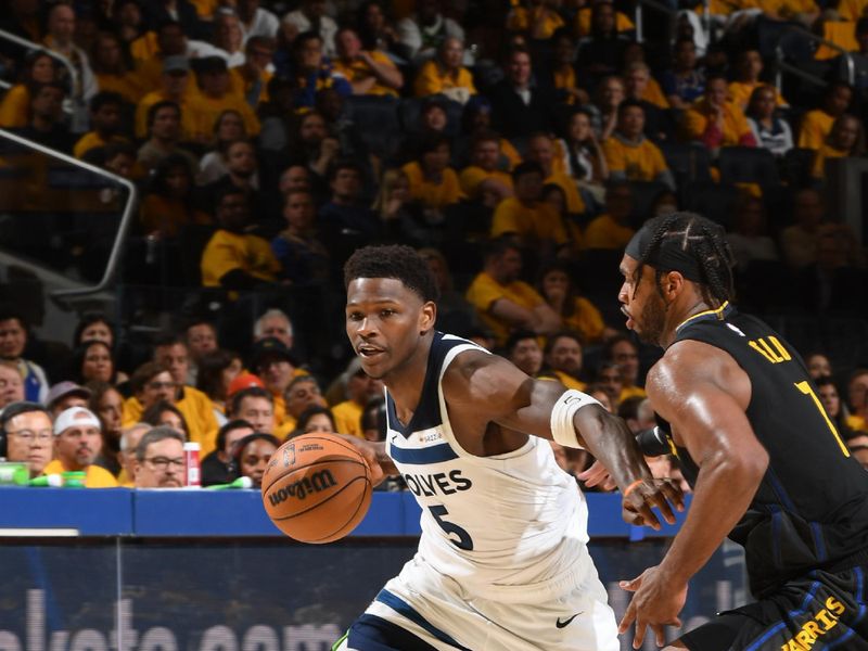 SAN FRANCISCO, CA - MAY 12: Anthony Edwards #5 of the Minnesota Timberwolves drives to the basket during the game against the Golden State Warriors during Round Two Game Four of the 2025 NBA Playoffs on MAY 12, 2025 at Chase Center in San Francisco, California. NOTE TO USER: User expressly acknowledges and agrees that, by downloading and or using this photograph, user is consenting to the terms and conditions of Getty Images License Agreement. Mandatory Copyright Notice: Copyright 2025 NBAE (Photo by Noah Graham/NBAE via Getty Images)