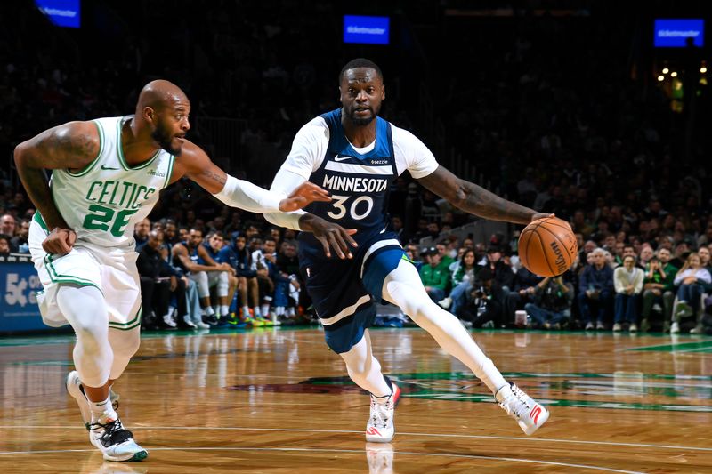BOSTON, MA - NOVEMBER 24: Julius Randle #30 of the Minnesota Timberwolves handles the ball during the game against the Boston Celtics on November 24, 2024 at the TD Garden in Boston, Massachusetts. NOTE TO USER: User expressly acknowledges and agrees that, by downloading and or using this photograph, User is consenting to the terms and conditions of the Getty Images License Agreement. Mandatory Copyright Notice: Copyright 2024 NBAE(Photo by Brian Babineau/NBAE via Getty Images)