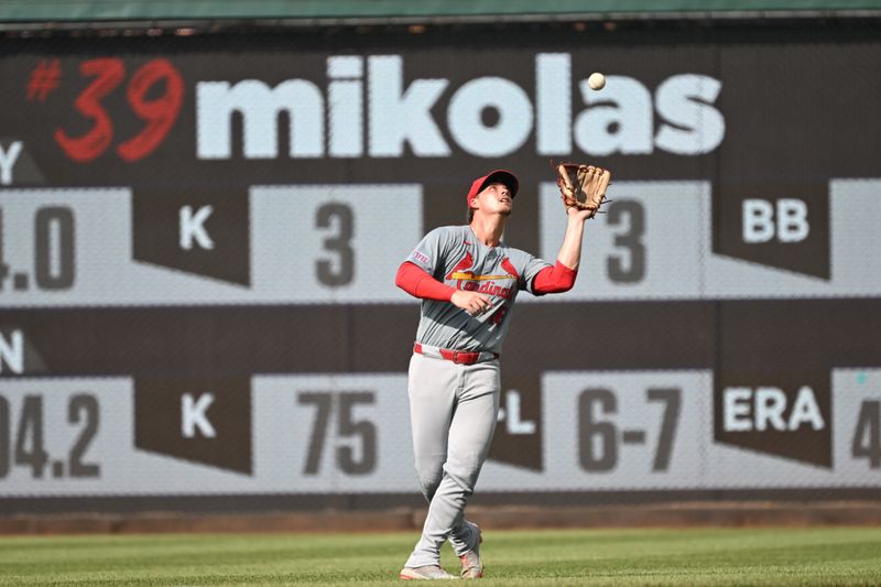 Jul 8, 2024; Washington, District of Columbia, USA; St. Louis Cardinals second baseman Nolan Gorman (16) catches a pop up against the Washington Nationals during the fifth inning at Nationals Park. Mandatory Credit: Rafael Suanes-USA TODAY Sports