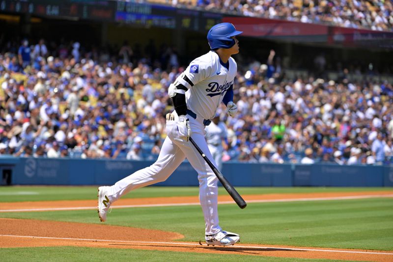 Aug 25, 2024; Los Angeles, California, USA;  Los Angeles Dodgers designated hitter Shohei Ohtani (17) flies out in the first inning against the Tampa Bay Rays at Dodger Stadium. Mandatory Credit: Jayne Kamin-Oncea-USA TODAY Sports