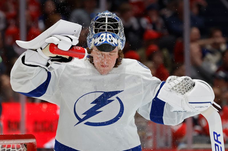 Apr 13, 2024; Washington, District of Columbia, USA; Tampa Bay Lightning goaltender Andrei Vasilevskiy (88) squirts his face with water during a stoppage in play /W at Capital One Arena. Mandatory Credit: Geoff Burke-USA TODAY Sports