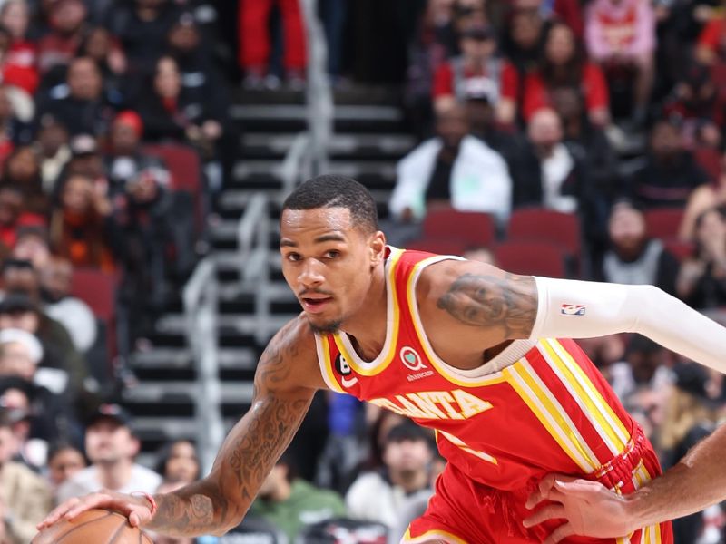 CHICAGO, IL - APRIL 4: Dejounte Murray #5 of the Atlanta Hawks dribbles the ball during the game against the Chicago Bulls on April 4, 2023 at United Center in Chicago, Illinois. NOTE TO USER: User expressly acknowledges and agrees that, by downloading and or using this photograph, User is consenting to the terms and conditions of the Getty Images License Agreement. Mandatory Copyright Notice: Copyright 2023 NBAE (Photo by Jeff Haynes/NBAE via Getty Images)