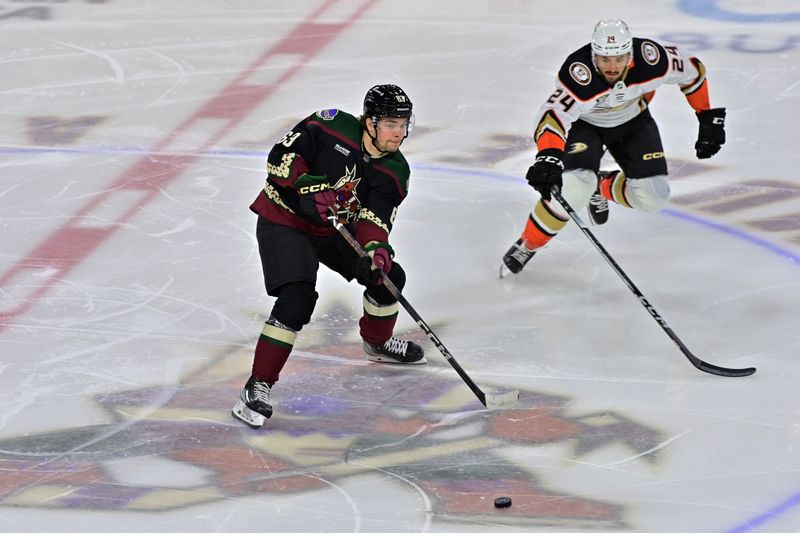 Oct 21, 2023; Tempe, Arizona, USA;  Arizona Coyotes left wing Matias Maccelli (63) carries the puck against Anaheim Ducks center Benoit-Olivier Groulx (24) in the third period at Mullett Arena. Mandatory Credit: Matt Kartozian-USA TODAY Sports