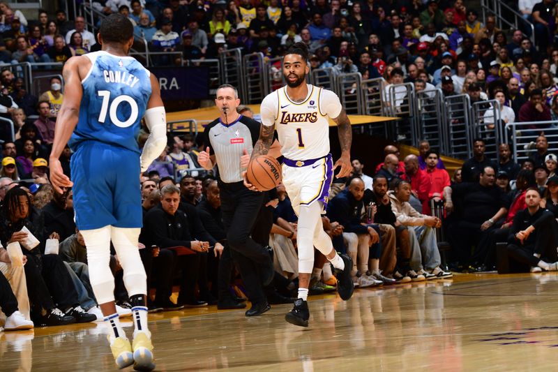 LOS ANGELES, CA - MARCH 10: D'Angelo Russell #1 of the Los Angeles Lakers dribbles the ball during the game against the Minnesota Timberwolves on March 10, 2024 at Crypto.Com Arena in Los Angeles, California. NOTE TO USER: User expressly acknowledges and agrees that, by downloading and/or using this Photograph, user is consenting to the terms and conditions of the Getty Images License Agreement. Mandatory Copyright Notice: Copyright 2024 NBAE (Photo by Adam Pantozzi/NBAE via Getty Images)