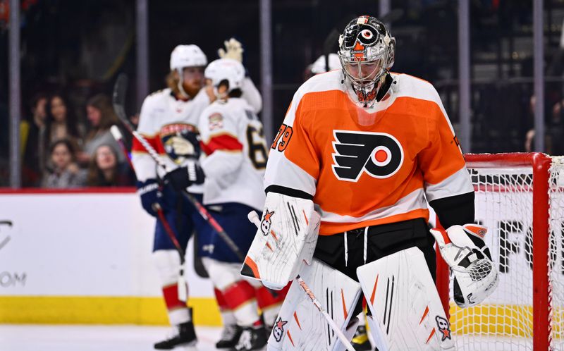 Mar 21, 2023; Philadelphia, Pennsylvania, USA; Philadelphia Flyers goalie Carter Hart (79) reacts after allowing a goal against the Florida Panthers in the second period at Wells Fargo Center. Mandatory Credit: Kyle Ross-USA TODAY Sports