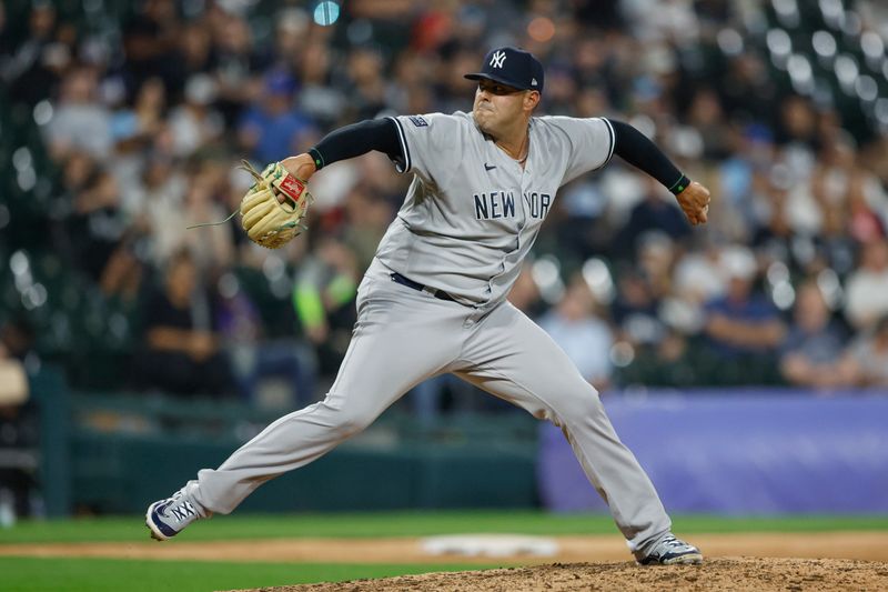 Aug 9, 2023; Chicago, Illinois, USA; New York Yankees relief pitcher Nick Ramirez (63) delivers a pitch against the Chicago White Sox during the eight inning at Guaranteed Rate Field. Mandatory Credit: Kamil Krzaczynski-USA TODAY Sports