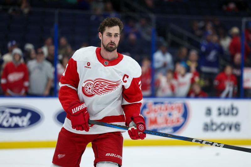 Jan 18, 2025; Tampa, Florida, USA; Detroit Red Wings center Dylan Larkin (71) warms up before a game against the Tampa Bay Lightning at Amalie Arena. Mandatory Credit: Nathan Ray Seebeck-Imagn Images