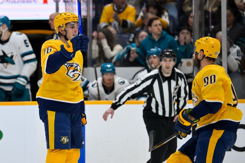 Mar 24, 2026; Nashville, Tennessee, USA;  Nashville Predators defenseman Brady Skjei (76) celebrates his goal against the San Jose Sharks during the first period at Bridgestone Arena. Mandatory Credit: Steve Roberts-Imagn Images