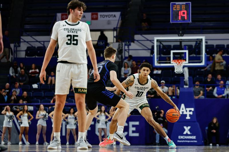 Feb 25, 2025; Colorado Springs, Colorado, USA; Colorado State Rams guard Nique Clifford (10) controls the ball against Air Force Falcons forward Eli Robinson (30) as forward Kyle Jorgensen (35) defends in the second half at Clune Arena. Mandatory Credit: Isaiah J. Downing-Imagn Images