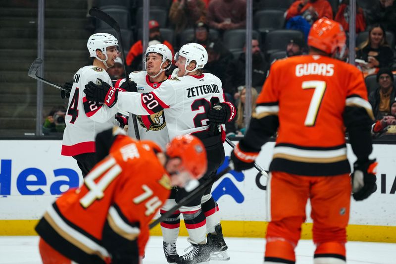 Nov 20, 2025; Anaheim, California, USA; Ottawa Senators center Dylan Cozens (24), defenseman Nick Jensen (3) and left wing Fabian Zetterlund (20) celebrate after a goal Anaheim Ducks in the first period at Honda Center. Mandatory Credit: Kirby Lee-Imagn Images