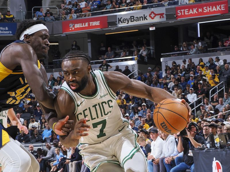 INDIANAPOLIS, IN - OCTOBER 30: Jaylen Brown #7 of the Boston Celtics drives to the basket during the game on October 30, 2024 at Gainbridge Fieldhouse in Indianapolis, Indiana. NOTE TO USER: User expressly acknowledges and agrees that, by downloading and or using this Photograph, user is consenting to the terms and conditions of the Getty Images License Agreement. Mandatory Copyright Notice: Copyright 2024 NBAE (Photo by Ron Hoskins/NBAE via Getty Images)