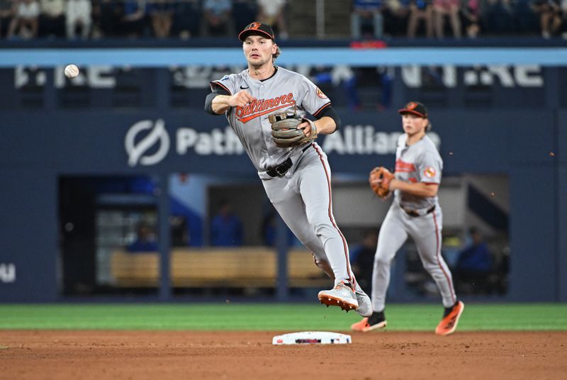 Aug 8, 2024; Toronto, Ontario, CAN; Baltimore Orioles short stop Gunnar Henderson (2) fields a ground ball by Toronto Blue Jays designated hitter George Springer (4) in the eighth inning at Rogers Centre. Mandatory Credit: Gerry Angus-USA TODAY Sports