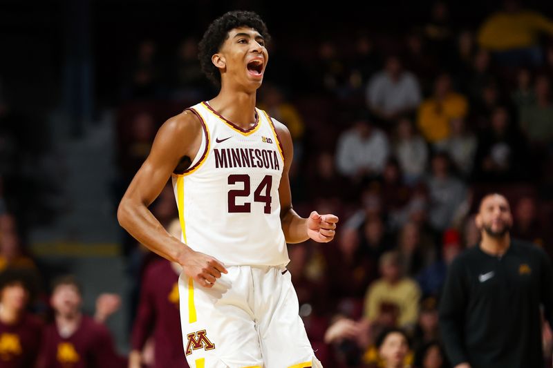 Dec 6, 2023; Minneapolis, Minnesota, USA; Minnesota Golden Gophers guard Cam Christie (24) reacts to his shot against the Nebraska Cornhuskers during the first half at Williams Arena. Mandatory Credit: Matt Krohn-USA TODAY Sports