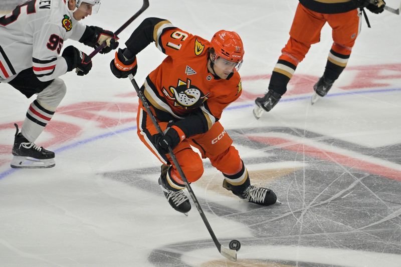 Nov 3, 2024; Anaheim, California, USA;  Anaheim Ducks left wing Cutter Gauthier (61) handles the puck in the first period against the Chicago Blackhawks at Honda Center. Mandatory Credit: Jayne Kamin-Oncea-Imagn Images