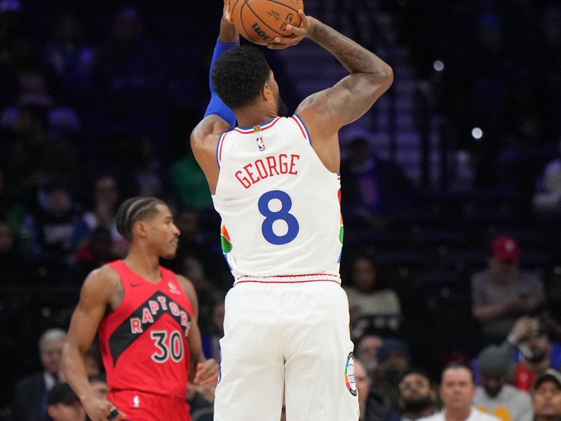 PHILADELPHIA, PA - FEBRUARY 11:  Paul George #8 of the Philadelphia 76ers shoots the ball during the game against the Toronto Raptors  on February 11, 2025 at the Wells Fargo Center in Philadelphia, Pennsylvania NOTE TO USER: User expressly acknowledges and agrees that, by downloading and/or using this Photograph, user is consenting to the terms and conditions of the Getty Images License Agreement. Mandatory Copyright Notice: Copyright 2025 NBAE (Photo by Jesse D. Garrabrant/NBAE via Getty Images)