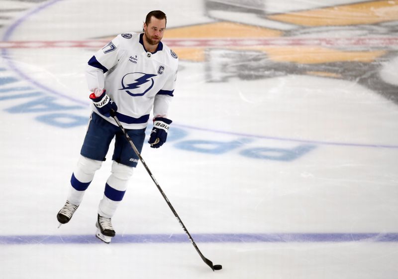 Nov 19, 2024; Pittsburgh, Pennsylvania, USA; Tampa Bay Lightning defenseman Victor Hedman (77) warms up before the game against the Pittsburgh Penguins at PPG Paints Arena. Mandatory Credit: Charles LeClaire-Imagn Images