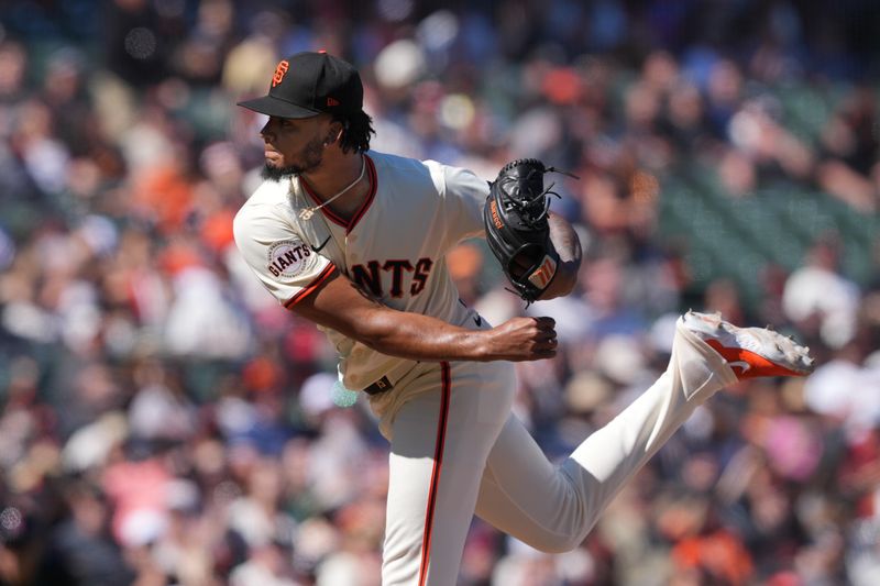 Apr 20, 2024; San Francisco, California, USA; San Francisco Giants pitcher Camilo Doval (75) throws a pitch against the Arizona Diamondbacks during the ninth inning at Oracle Park. Mandatory Credit: Darren Yamashita-USA TODAY Sports