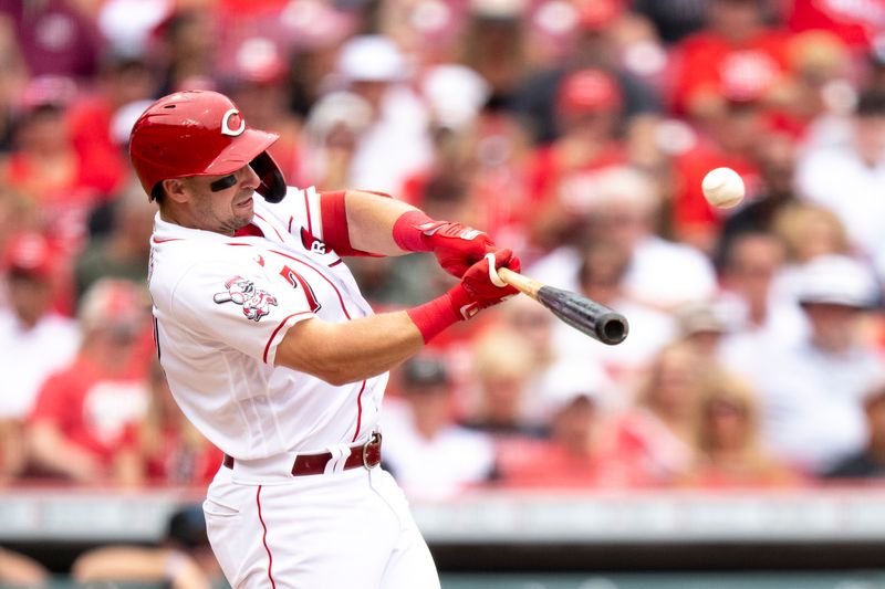 Aug 9, 2023; Cincinnati, OH, USA; Cincinnati Reds left fielder Spencer Steer (7) hits a solo home run to tie the game in the fourth inning of the MLB baseball game between Cincinnati Reds and Miami Marlins at Great American Ball Park in Cincinnati on Wednesday, Aug. 9, 2023.  Mandatory Credit: Albert Cesare-USA TODAY Sports