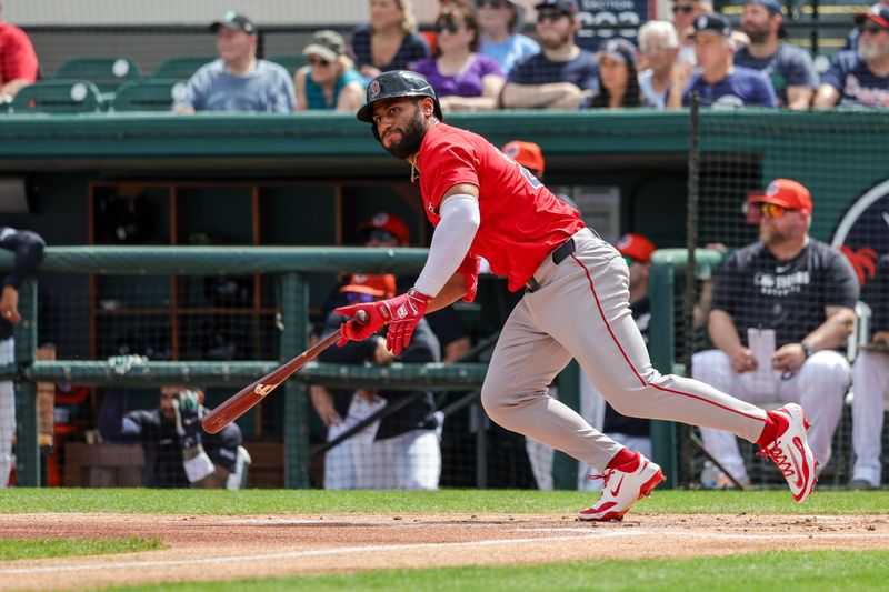 Feb 27, 2025; Lakeland, Florida, USA; Boston Red Sox first baseman Abraham Toro (29) watches a foul ball during the first inning against the Detroit Tigers at Publix Field at Joker Marchant Stadium. Mandatory Credit: Mike Watters-Imagn Images